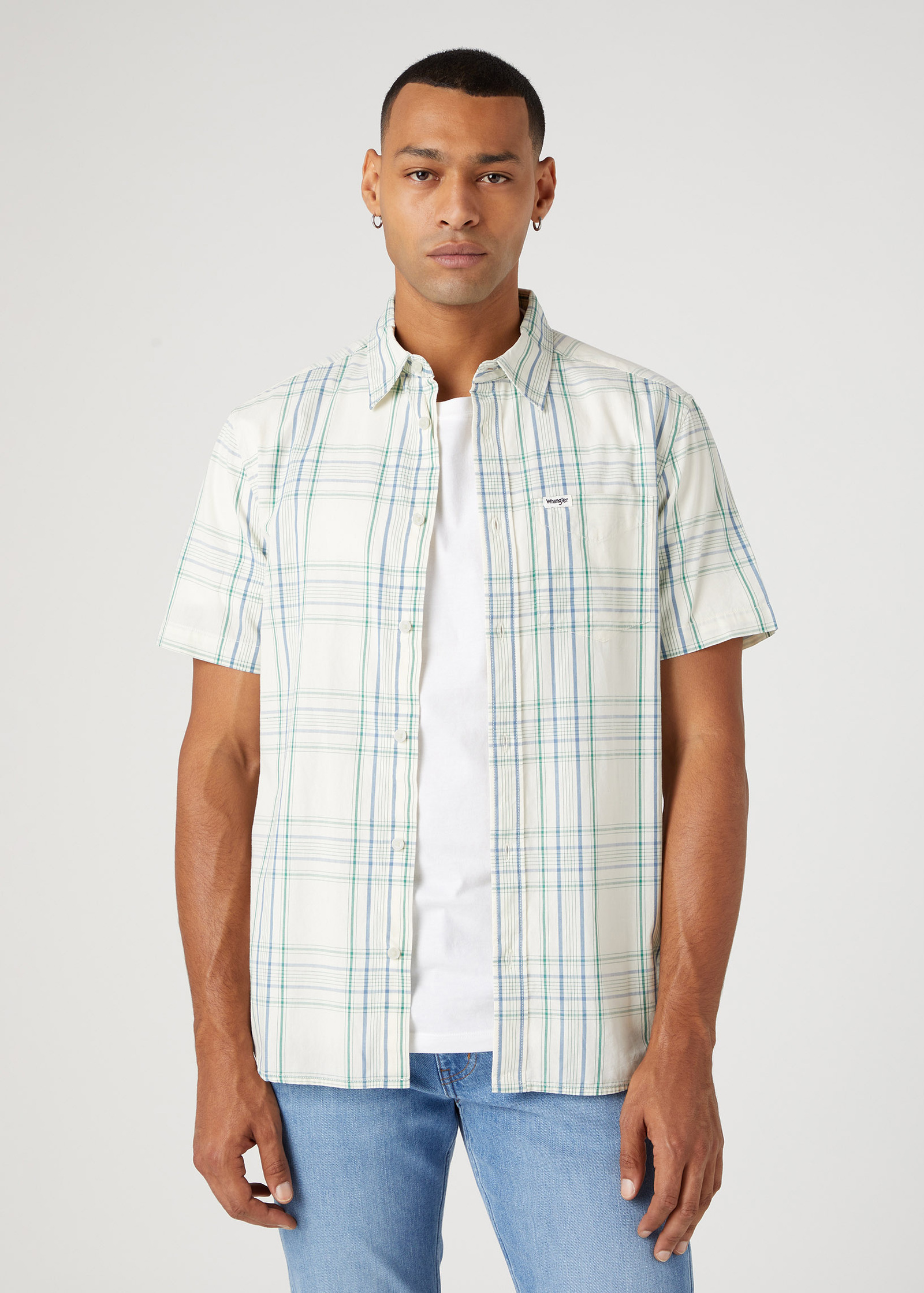 Meska Koszula Materialowe Wrangler Short Sleeve 1 Pocket Shirt Captains Blue Check - W5K04M84Z