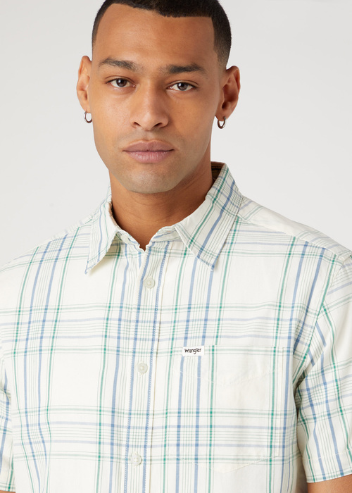 Mska Koszula Materiaowe Wrangler Short Sleeve 1 Pocket Shirt Captains Blue Check - W5K04M84Z