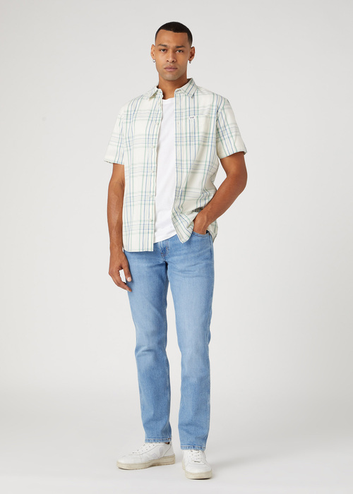 Meska Koszula Materialowe Wrangler Short Sleeve 1 Pocket Shirt Captains Blue Check - W5K04M84Z