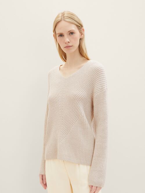 Damski Sweter Tom Tailor V Neck Knitted Sweater Clouds Grey Melange - 1039242-32398