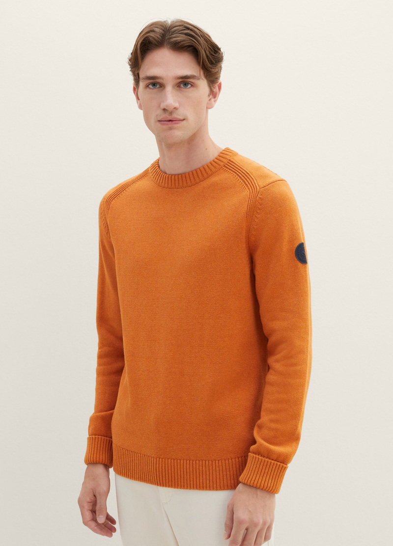 Meski Sweter Tom Tailor Knitted Sweater With A Round Neckline Tomato Cream Orange Melange - 1038246-32752