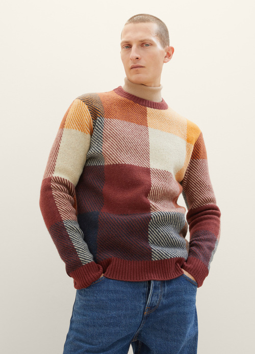 Męski sweter Tom Tailor Knitted Sweater With A Check Pattern - Orange Colorful Block Check 1038248-32310 
