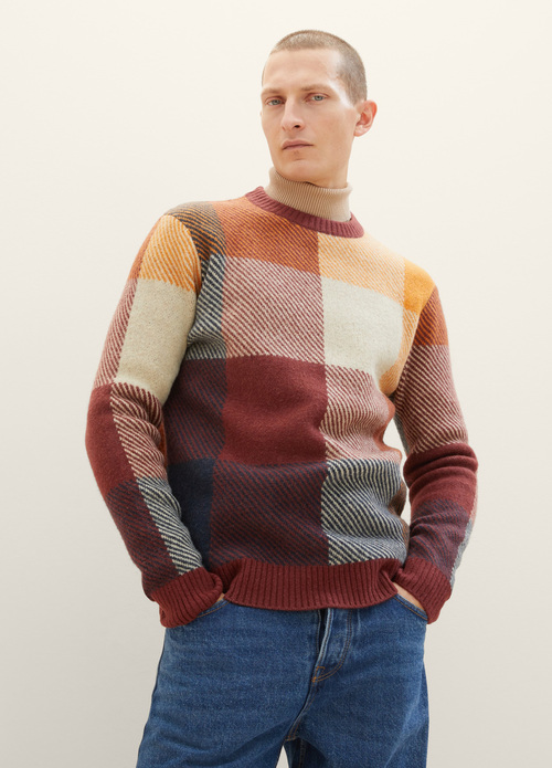Tom Tailor Knitted Sweater With A Check Pattern Orange Colorful Block Check - 1038248-32310
