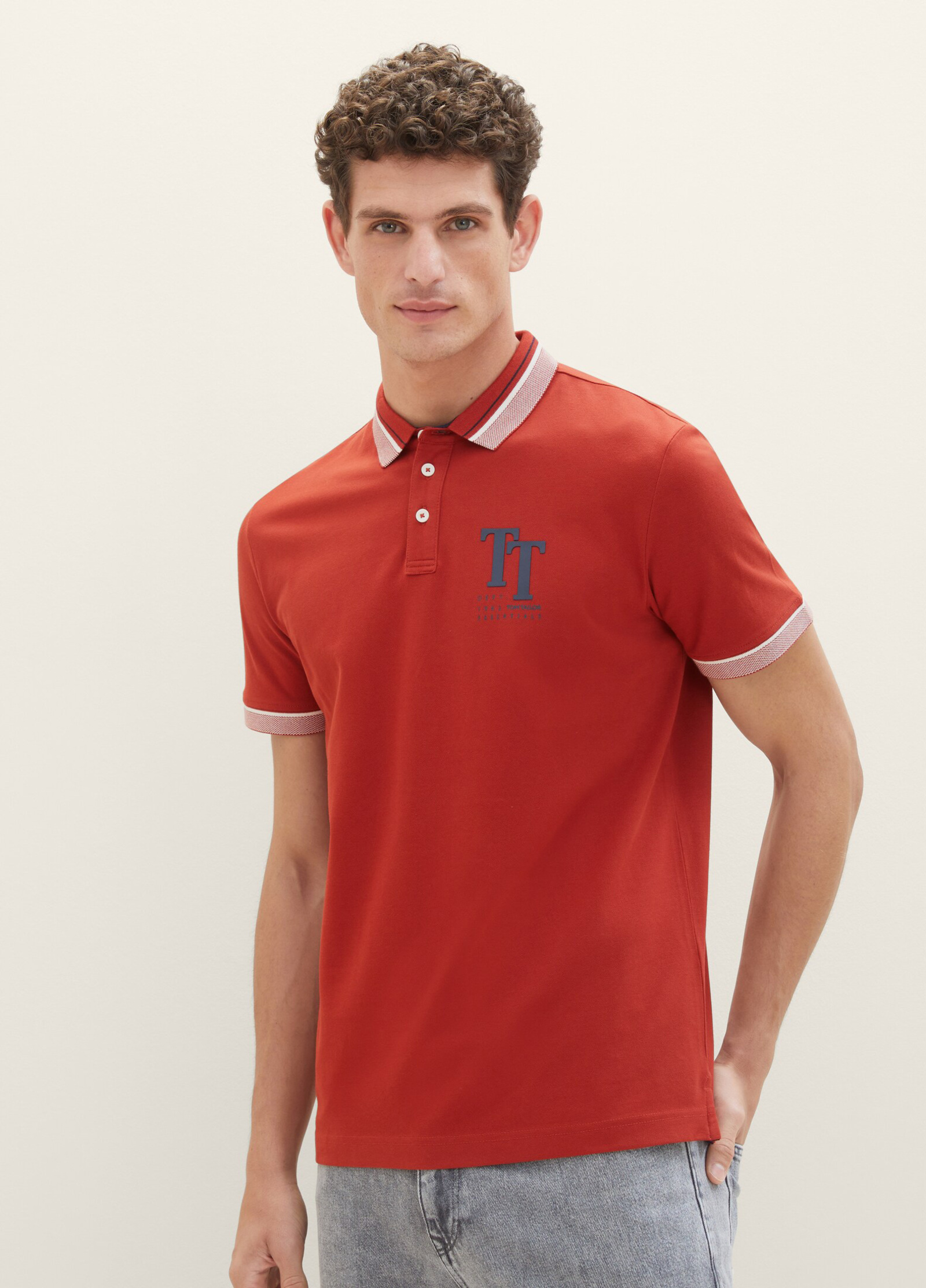 Meska Koszulka Polo Tom Tailor Polo Shirt With A Logo Print Velvet Red - 1038848-14302