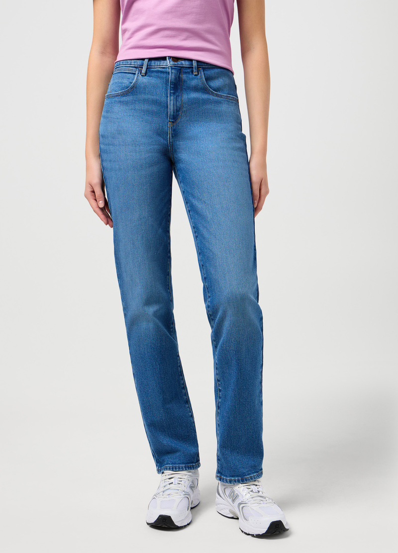 Damskie Spodnie Dzinsowe Wrangler Straight Mid Wash - 112351740