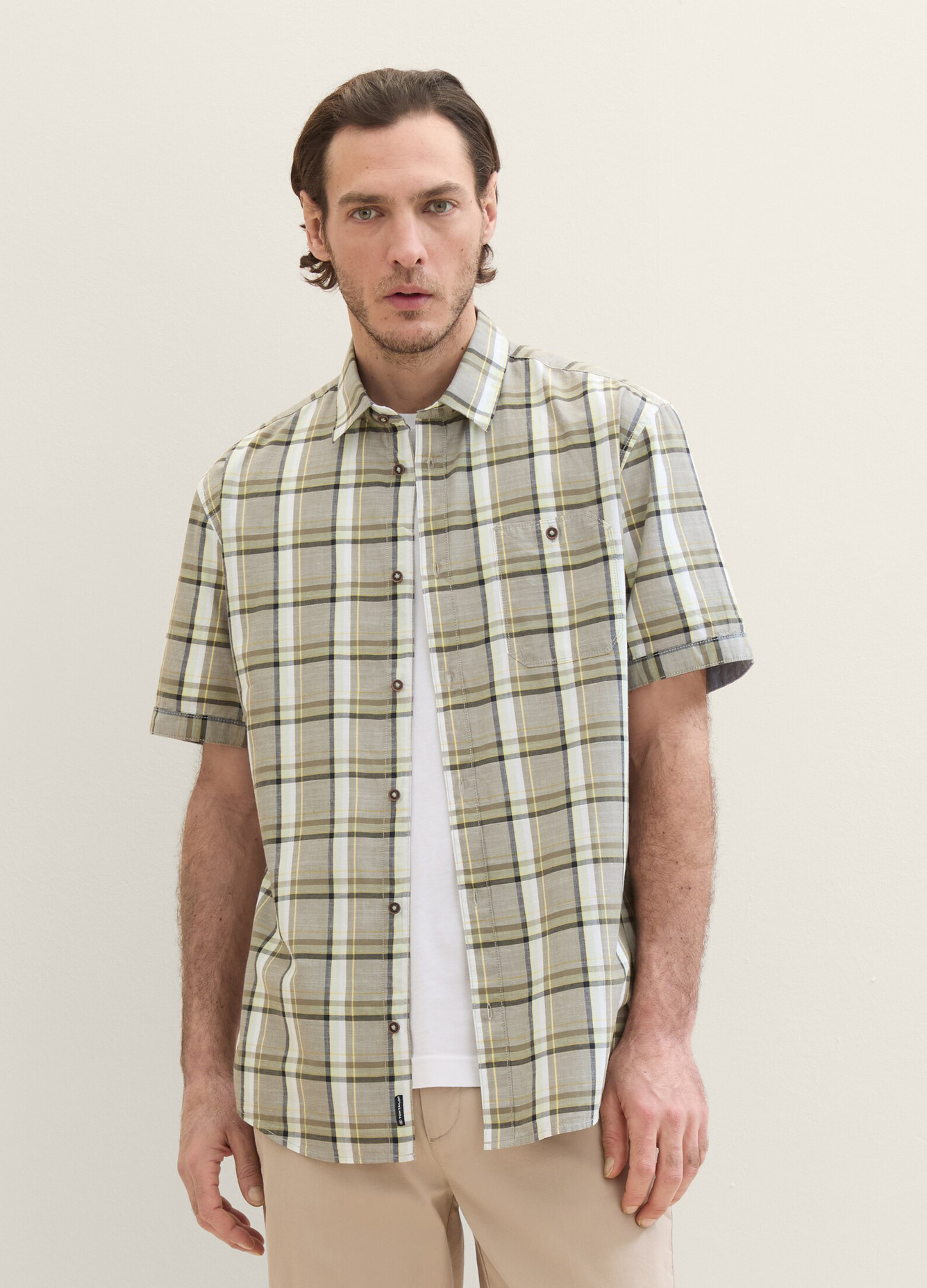 Meska Koszula Materialowe Tom Tailor Short Sleeve Shirt Olive Multicolor Check - 1040458-35373