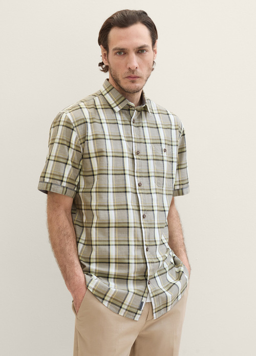 Meska Koszula Materialowe Tom Tailor Short Sleeve Shirt Olive Multicolor Check - 1040458-35373