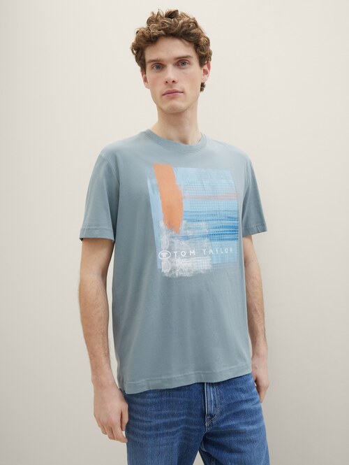 Meski T Shirt Tom Tailor T Shirt With A Print Grey Mint - 1040898-27475
