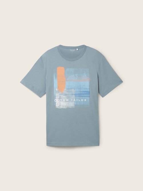 Meski T Shirt Tom Tailor T Shirt With A Print Grey Mint - 1040898-27475