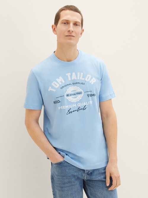 Tom Tailor T Shirt With A Logo Print Washed Out Middle Blue
