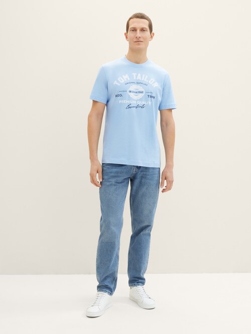 Tom Tailor T Shirt With A Logo Print Washed Out Middle Blue - 1037735-32245