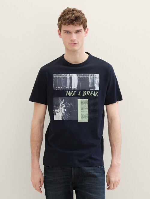 Tom Tailor Print T Shirt Sky Captain Blue - 1041788-10668