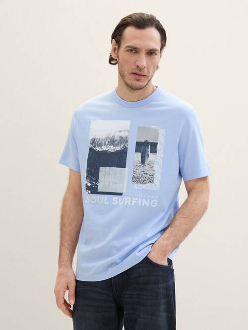 Meski T Shirt Tom Tailor Print T Shirt Windsurf Blue - 1041788-35271