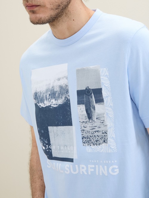 Meski T Shirt Tom Tailor Print T Shirt Windsurf Blue - 1041788-35271