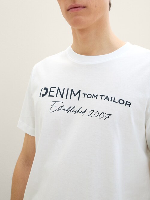 Meski T Shirt Denim Tom Tailor Logo T Shirt White - 1042042-20000