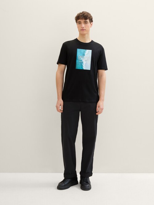 Meski T Shirt Denim Tom Tailor T Shirt With Print Black - 1042045-29999