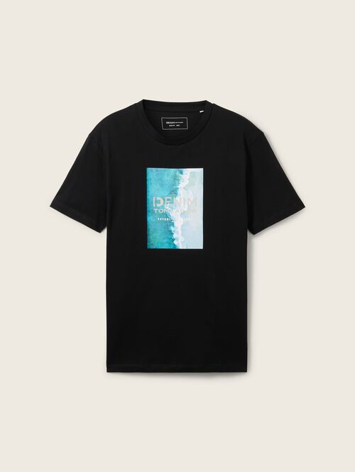 Meski T Shirt Denim Tom Tailor T Shirt With Print Black - 1042045-29999