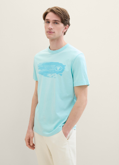 Meski T Shirt Tom Tailor T Shirt With A Text Print Caribbean Turquoise - 1040956-34921