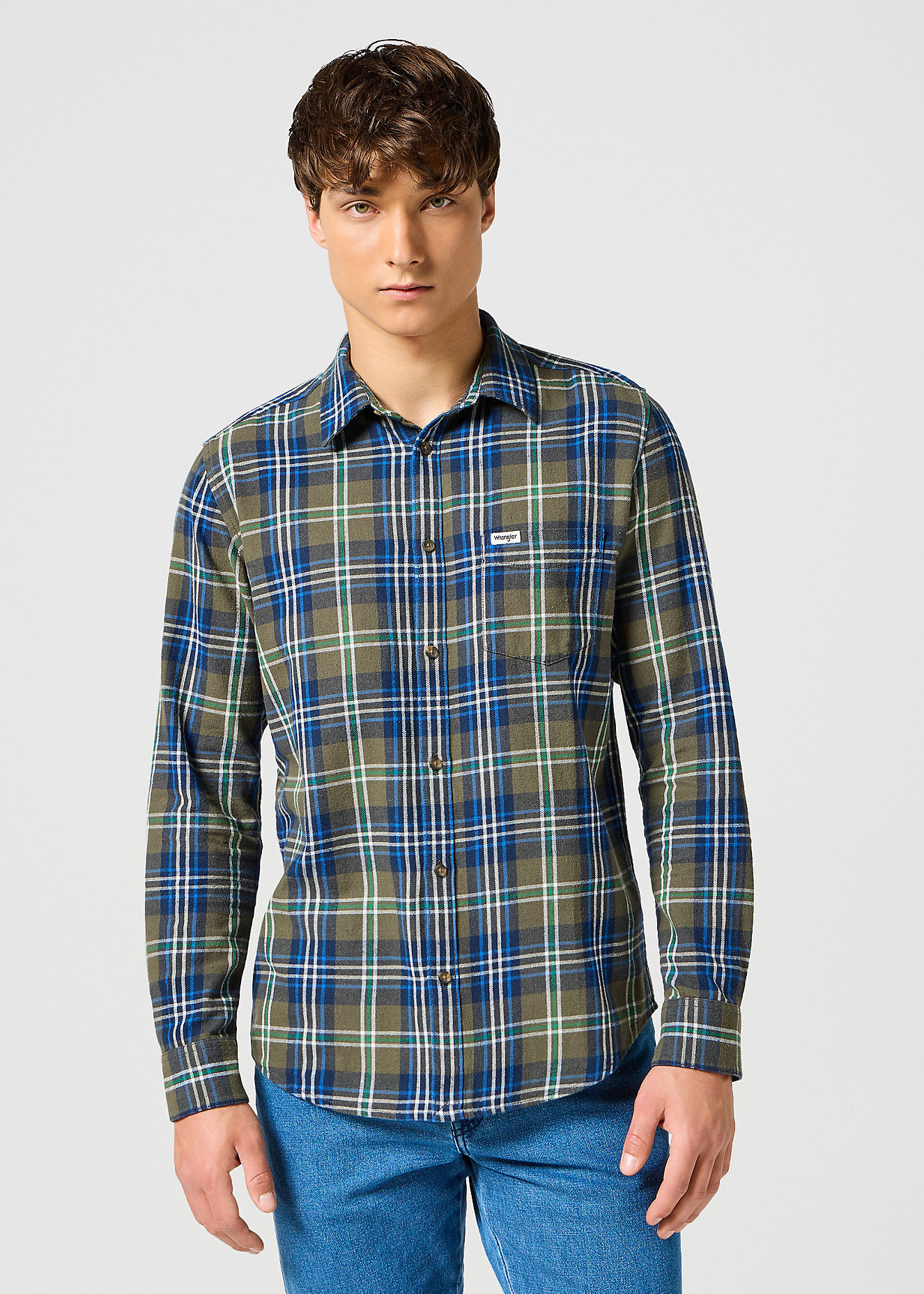 Mska Koszula Materiaowe Wrangler One Pocket Shirt Green Blue Check - 112357239