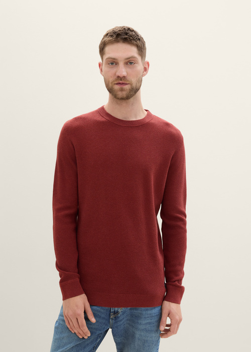Tom Tailor Structured Crew Neck Sweater - Burgundy Dark Red Melange 1042453-35676 
