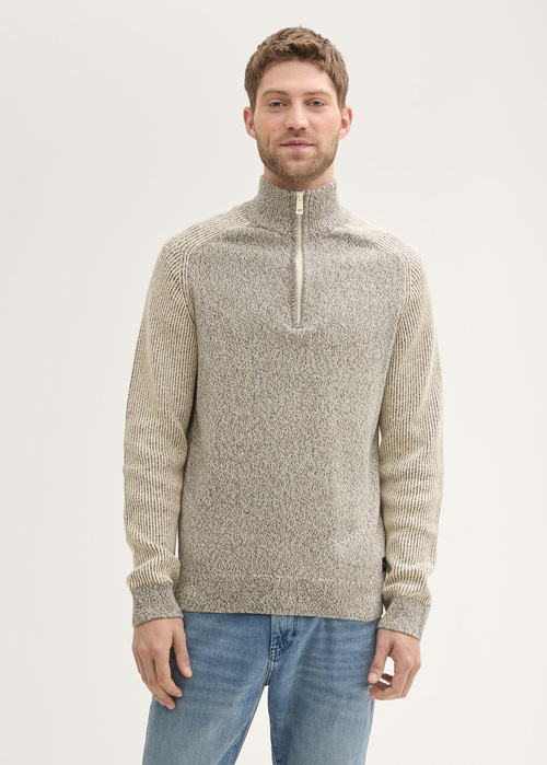 Tom Tailor Halfzip Sweater - Sand Taupe Navy Multicolor 1043271-36164