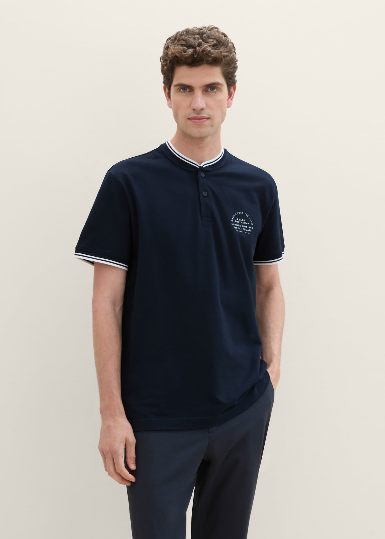 Meski T Shirt Tom Tailor Polo Shirt With A Print Sky Captain Blue - POLY-COTTON-BRUSHED-FLEECE