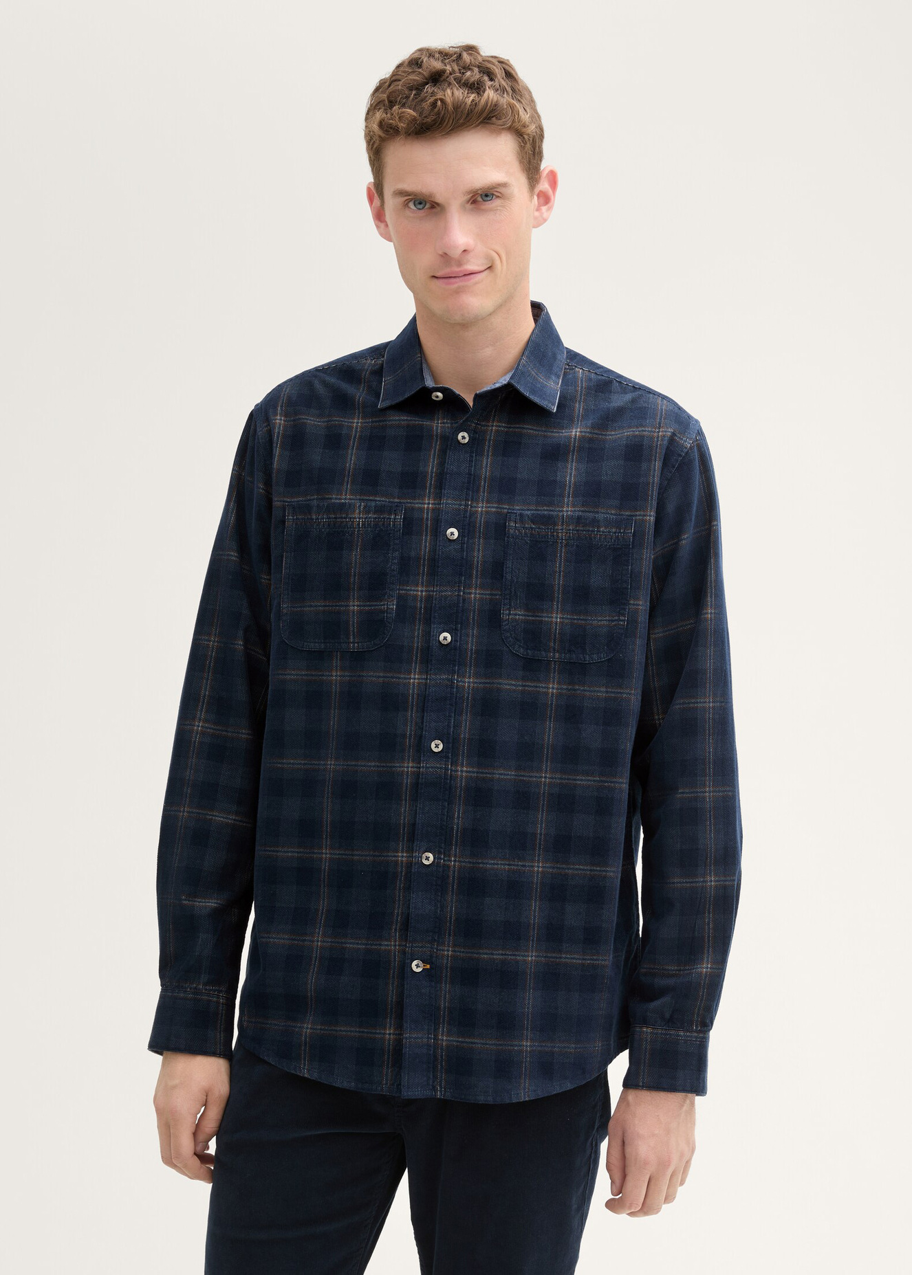 Meska Koszula Materialowe Tom Tailor Corduroy Shirt Navy Dark Check - 1043797-36631