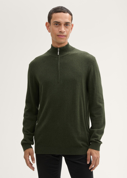 Tom Tailor Troyer Knit Sweater In Recycled Cashmere - Rosin Green Melange 1043268-36230 