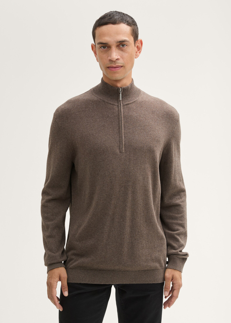 Meski Sweter Tom Tailor Troyer Knit Sweater In Recycled Cashmere Wood Brown Melange - 1043268-36303