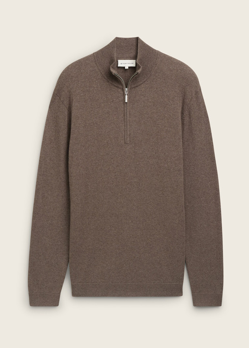 Meski Sweter Tom Tailor Troyer Knit Sweater In Recycled Cashmere Wood Brown Melange - 1043268-36303