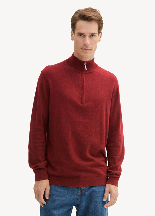 Tom Tailor Troyer Knit Sweater In Recycled Cashmere - Burgundy Dark Red Melange 1043268-35676 