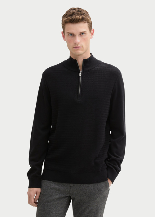 Tom Tailor Knit Troyer In A Mix Of Textures - Black 1044475-29999 