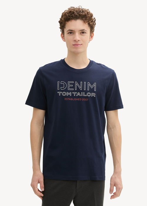 Denim Tom Tailor T-shirt With A Logo Print - Sky Captain Blue 1043480-10668