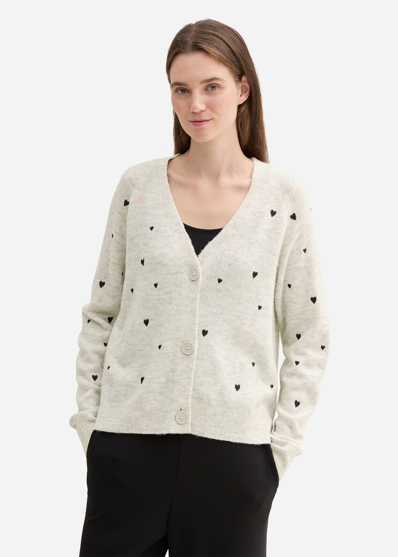 Damski Sweter Tom Tailor Cardigan With Heart Embroidery Beige Heart Embroidery - 1043983-37044