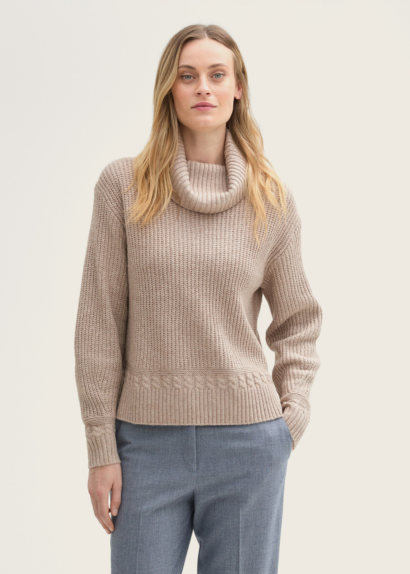 Damski Sweter Tom Tailor Knit Turtleneck Sweater Cashew Beige Melange - 1044058-16569