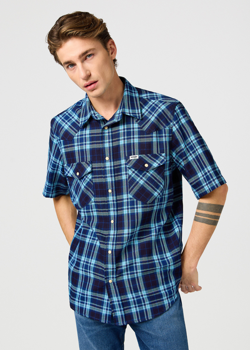 Meska Koszula Materialowe Wrangler Short Sleeve Western Shirt Latigo Indigo Check - 112362899