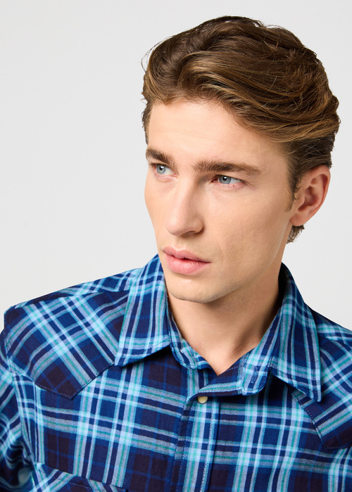 Meska Koszula Materialowe Wrangler Short Sleeve Western Shirt Latigo Indigo Check - 112362899