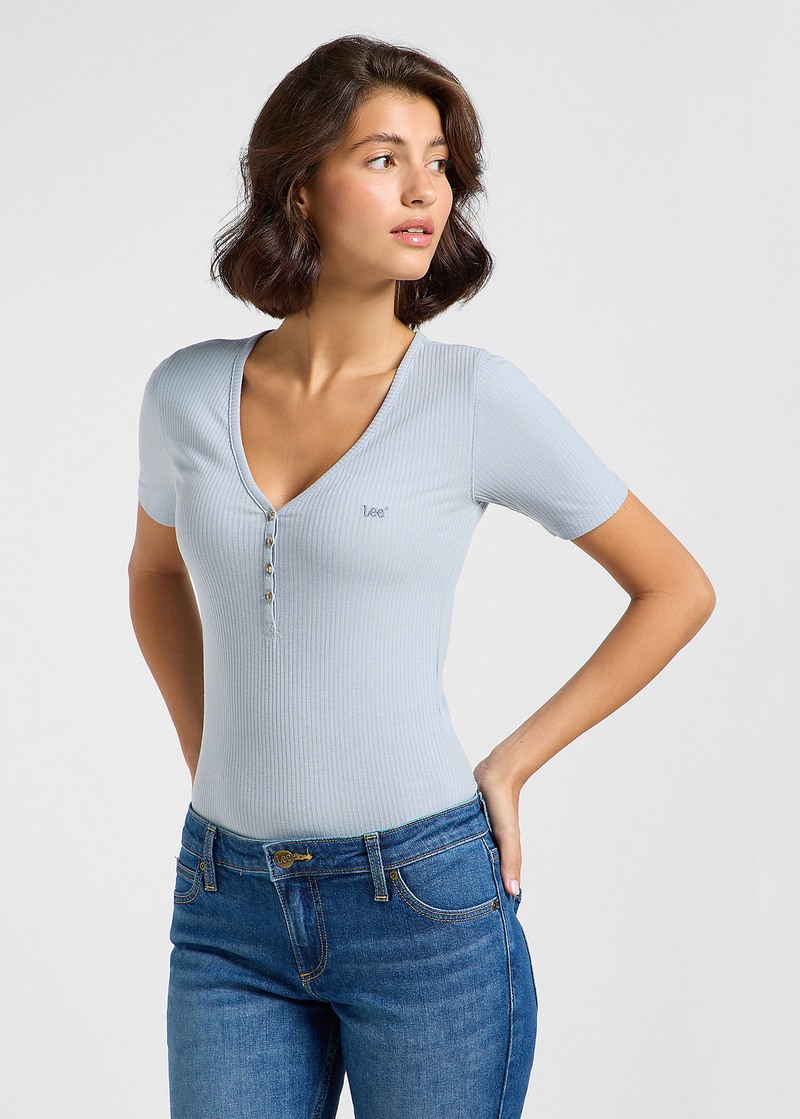 Damski T Shirt Lee Short Sleve Henley Concrete Gray - 112363830