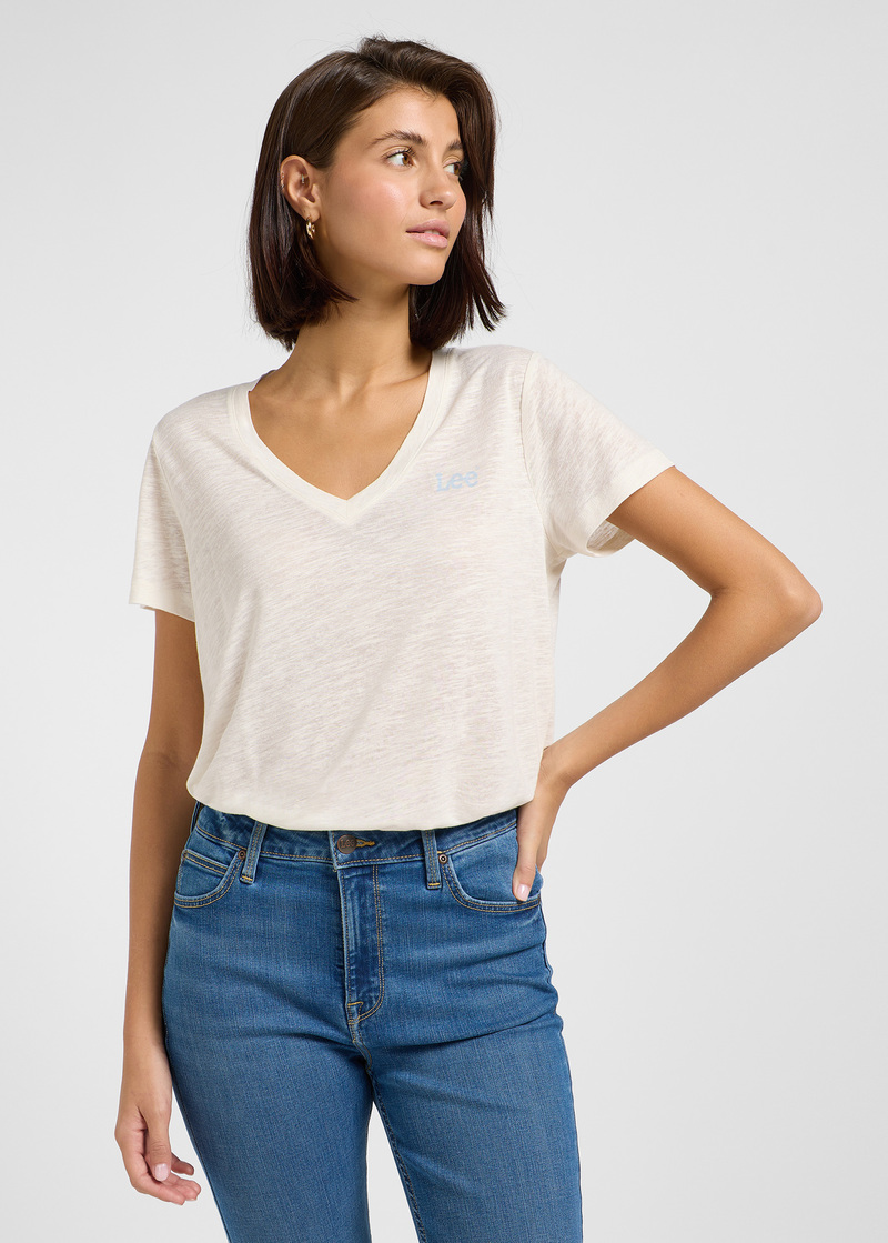 Damski T Shirt Lee V Neck Tee Ecru - 112363418