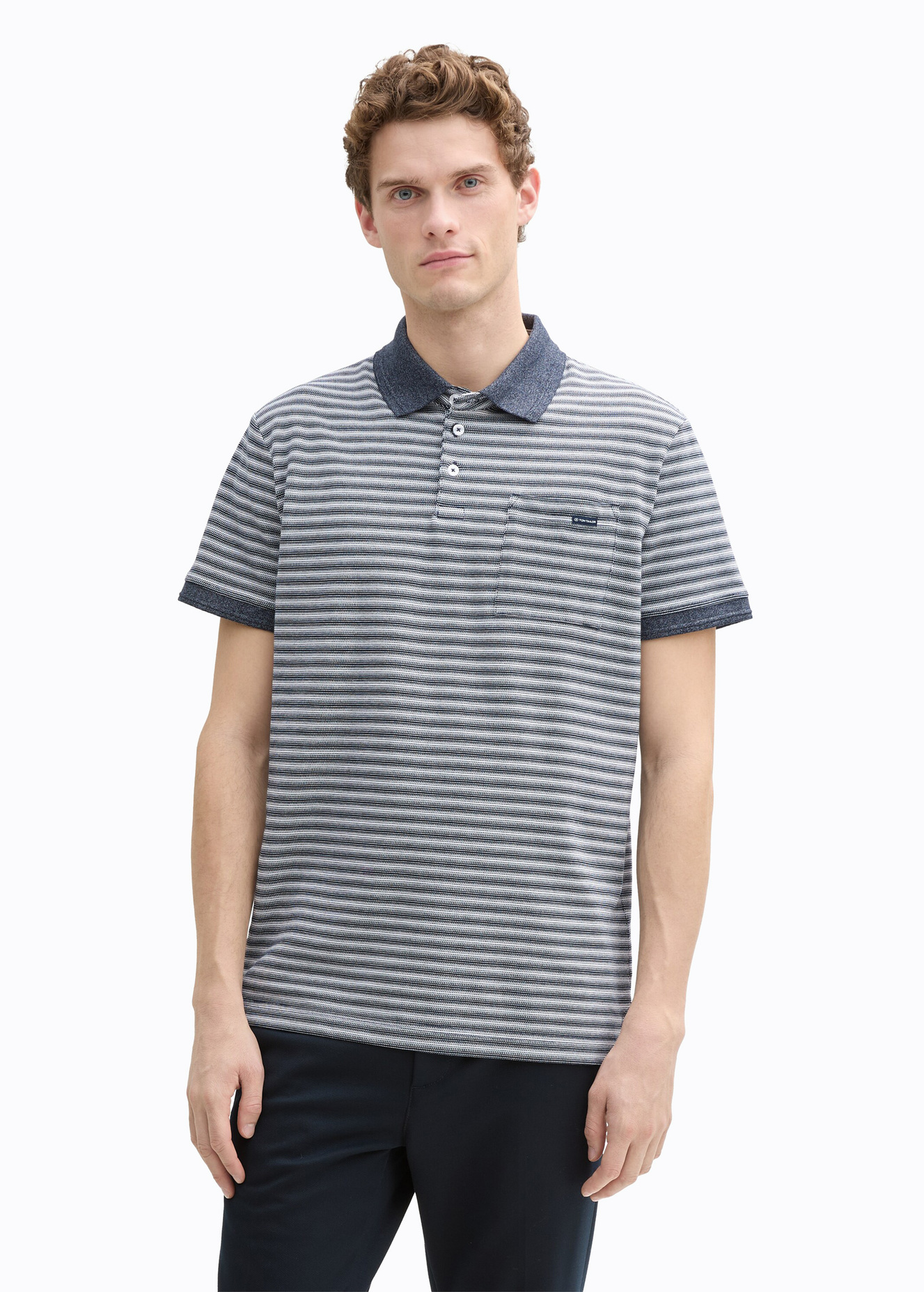 Meska Koszulka Polo Tom Tailor Piqu Polo Shirt With Breast Pocket Navy White Irregular Stripe - 1045683-37446