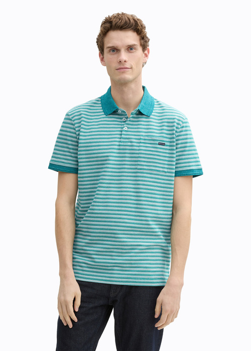 Tom Tailor Piqu Polo Shirt With Breast Pocket - Green White Irregular Stripe 1045683-37447