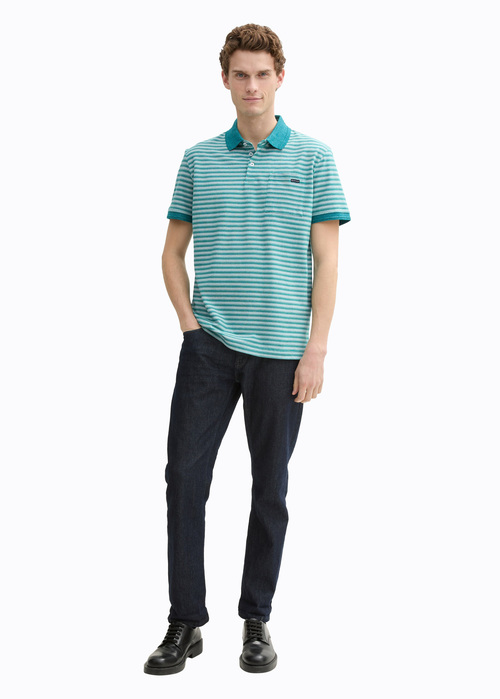 Meska Koszulka Polo Tom Tailor Piqu Polo Shirt With Breast Pocket Green White Irregular Stripe - 1045683-37447