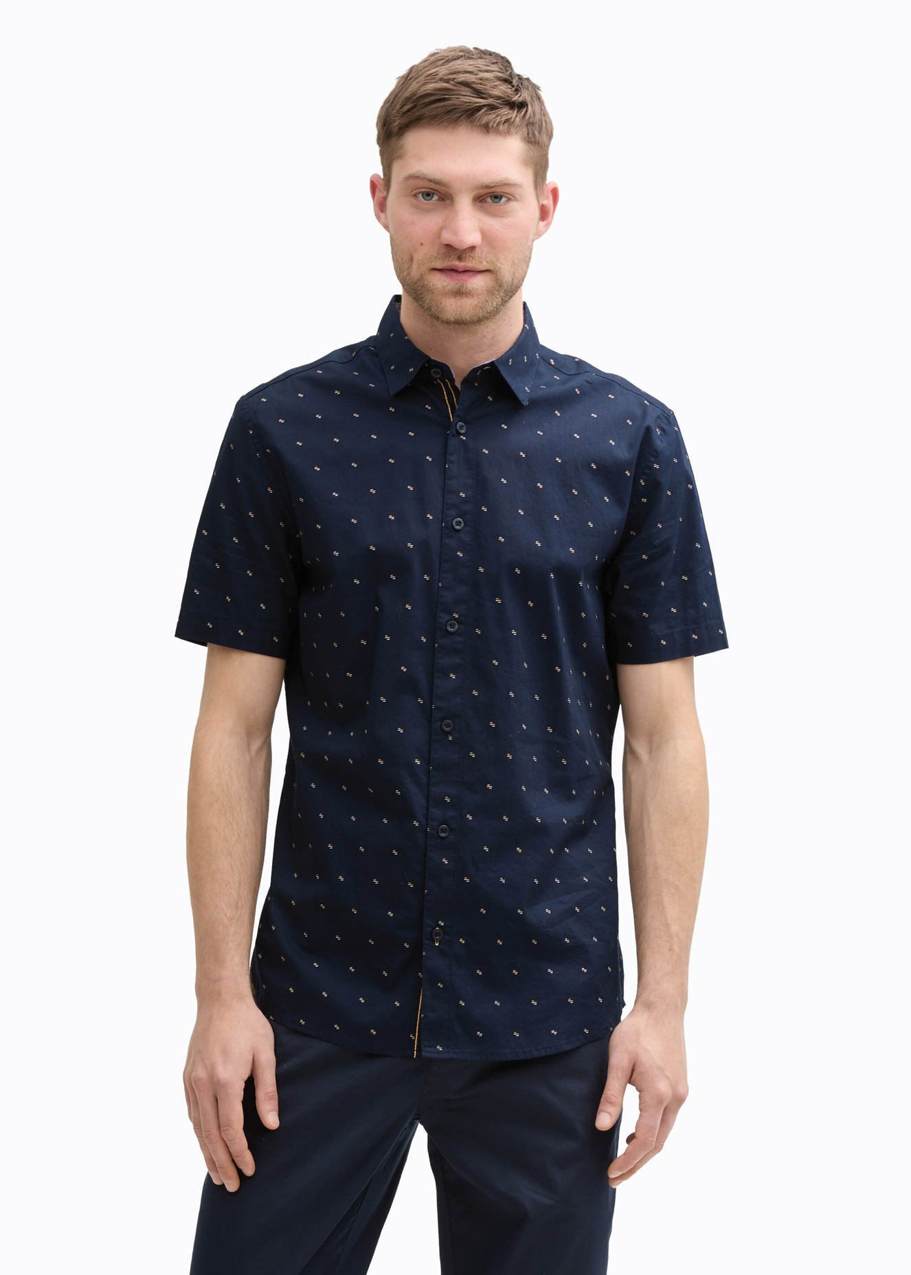 Meska Koszula Materialowe Tom Tailor Short Sleeve Shirt Navy Small Bars Design - 1045082-37269