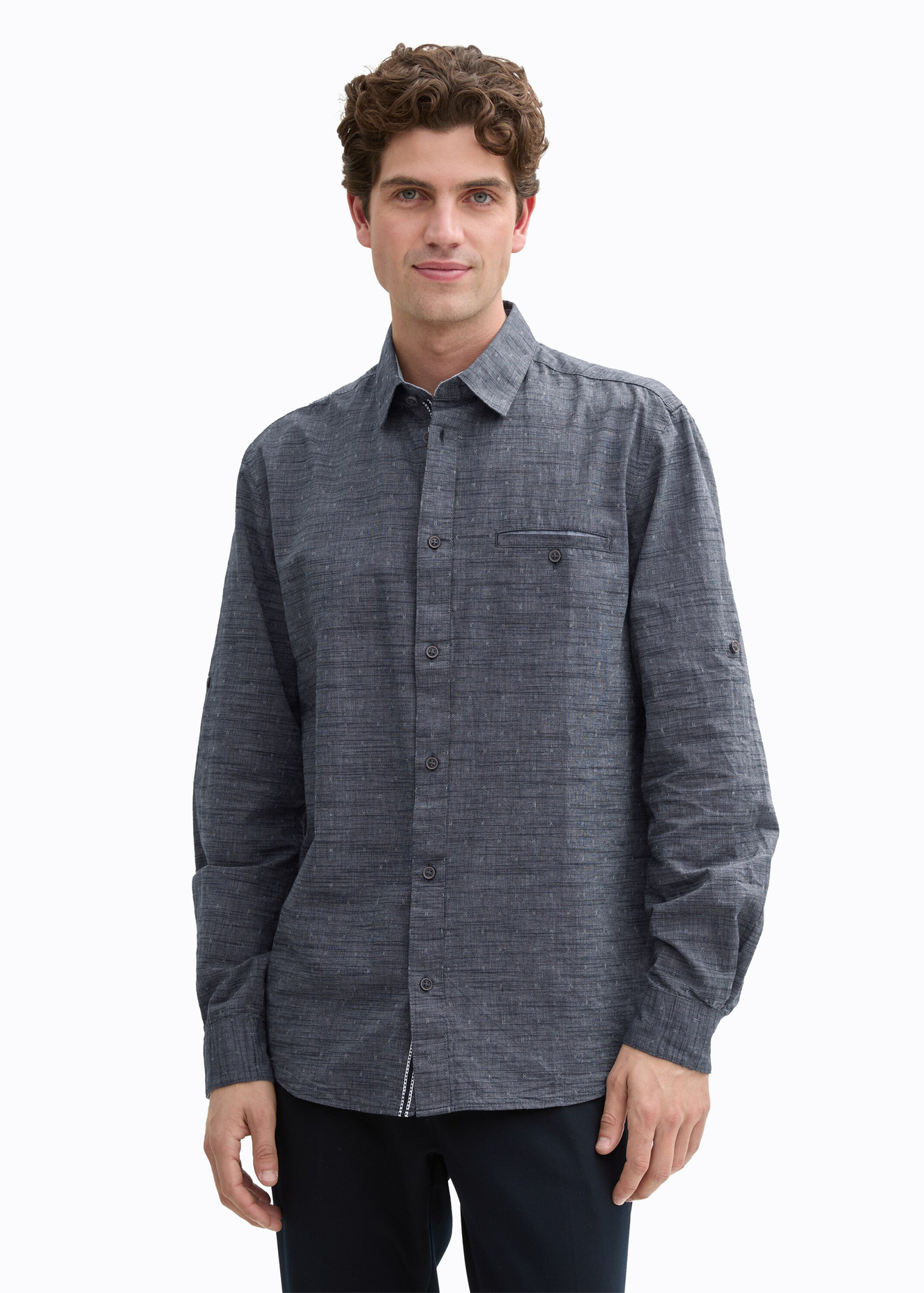 Tom Tailor Regular Fit Shirt With Turn Up Function Navy White Fil A Fil Dobby - 1045075-31318 Tom Tailor Regular Fit Shirt With Turn Up Function Navy White Fil A Fil Dobby - 1045075-31318