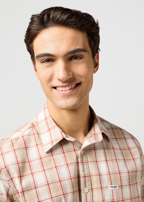 Meska Koszula Materialowe Wrangler One Pocket Shirt Tan Check - 112362768