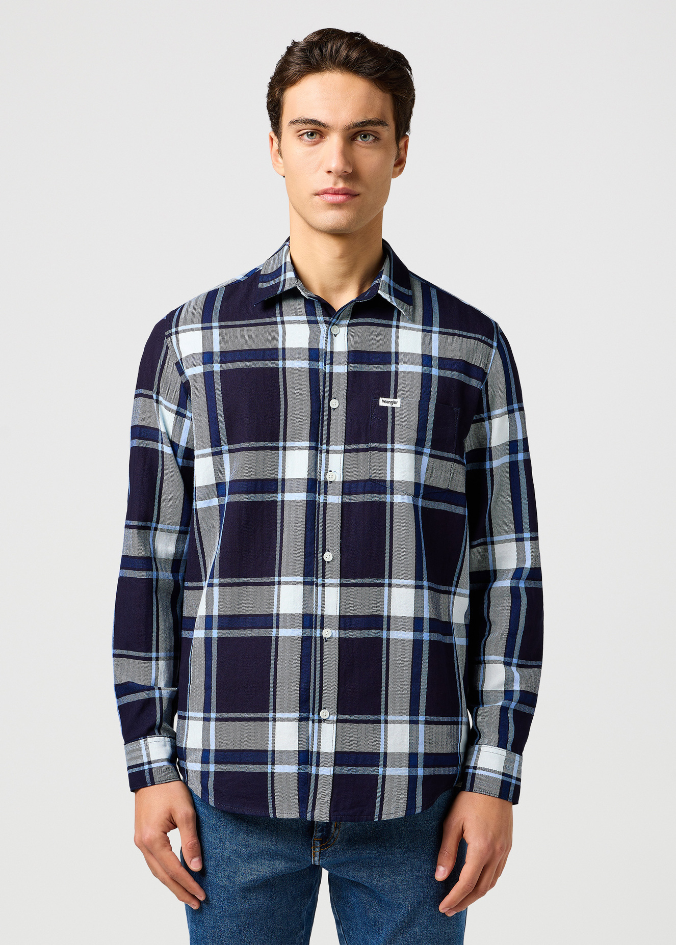 Meska Koszula Materialowe Wrangler One Pocket Shirt Large Indigo Plain Check - 112362898
