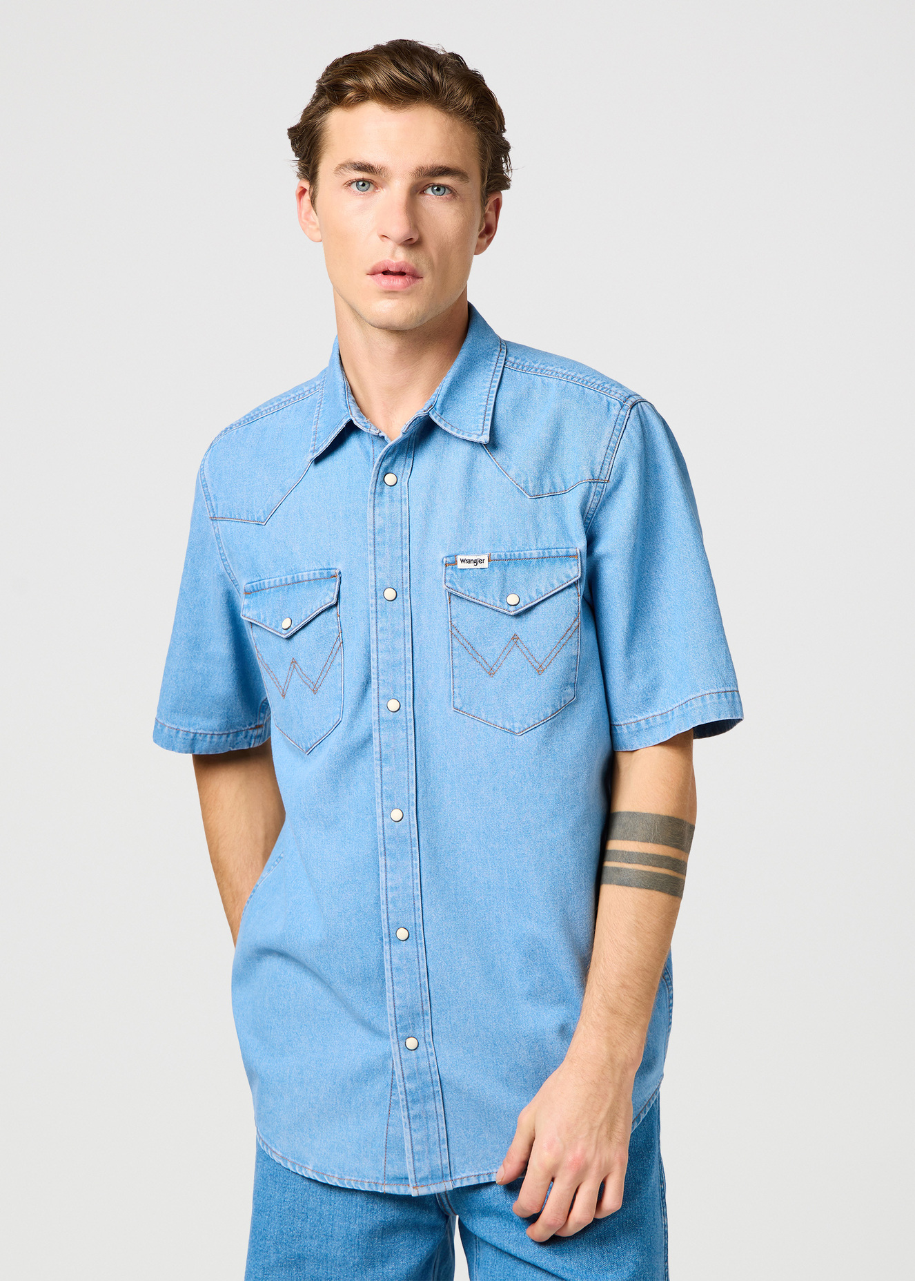 Meska Koszula Dzinsowe Wrangler Short Sleeve Western Shirt Bright Light - 112362375