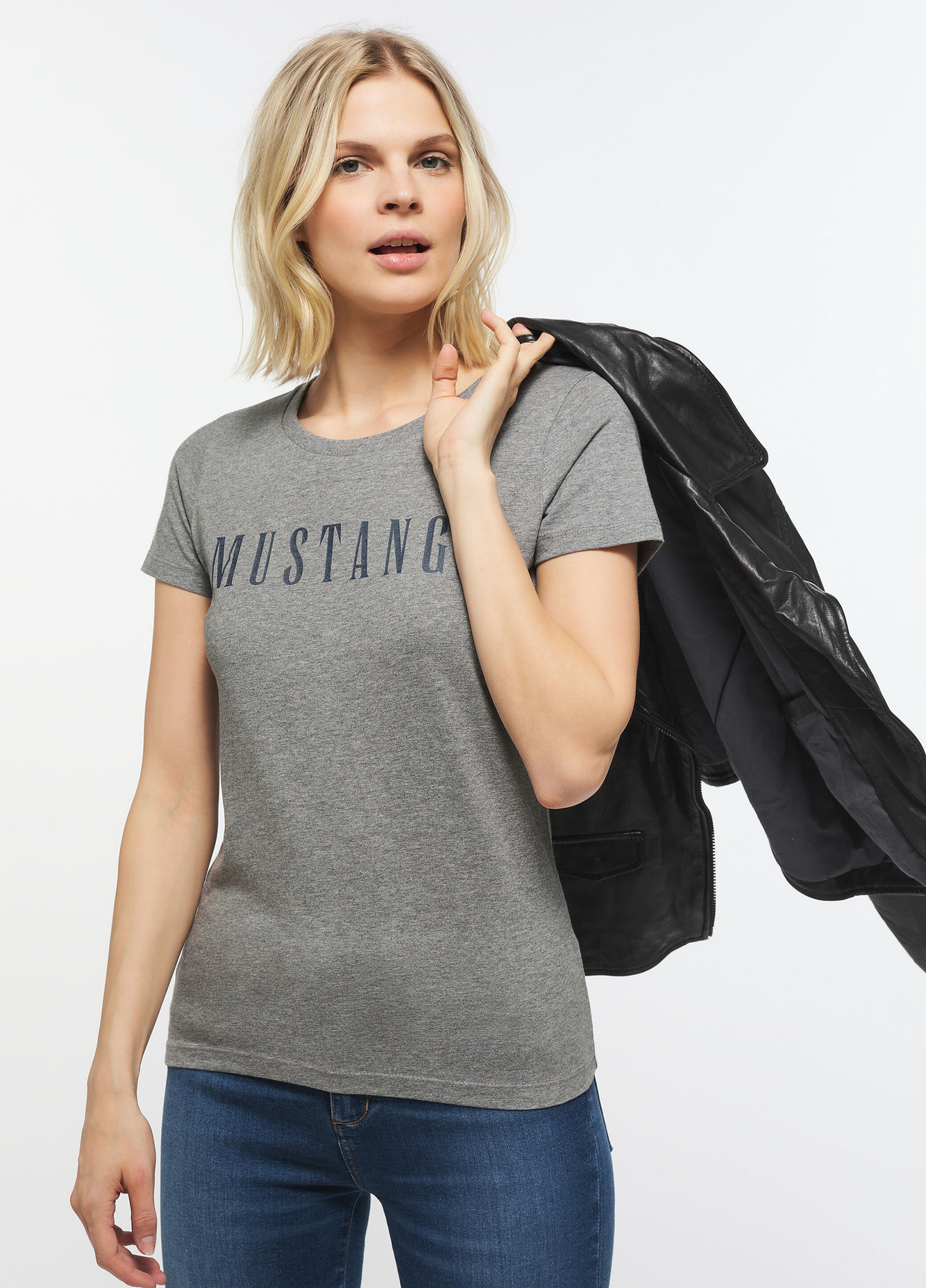 Damski T Shirt Mustang Alina C Logo Tee Light Grey Melange - 1013222-4141