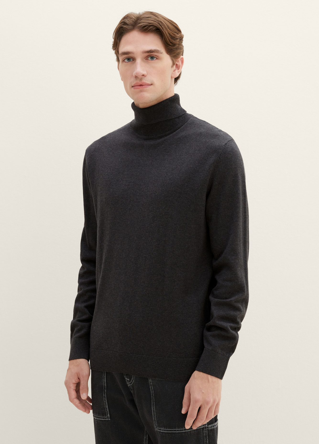 Meski Sweter Tom Tailor Basic Knitted Sweater With A Turtleneck Black Grey Melange - 1038202-10617