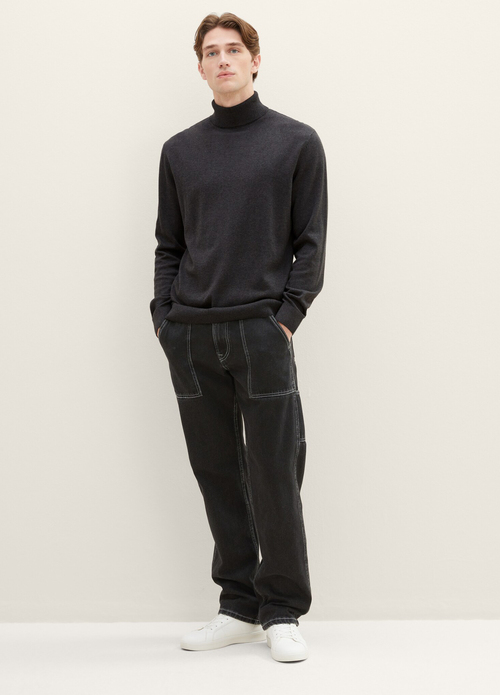 Meski Sweter Tom Tailor Basic Knitted Sweater With A Turtleneck Black Grey Melange - 1038202-10617